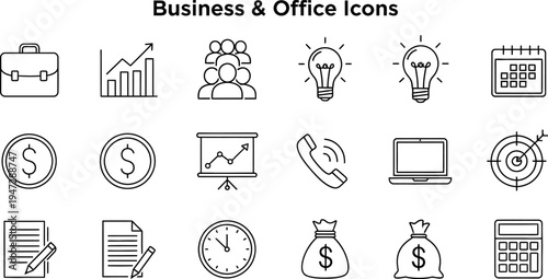 Business and office icons set for productivity and finance