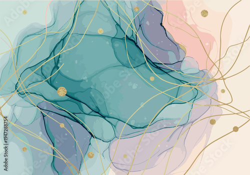 Abstract colorful fluid art design with gold lines and dots  modern artistic background texture