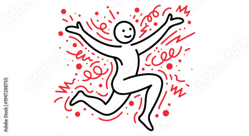 A joyful cartoon figure jumping with excitement in a celebratory atmosphere with red scribbles