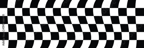 Black and white checker pattern vector illustration. Wave chess board. Abstract checkered checkerboard for game. Grid geometric square shape. Race flag. Retro mosaic floor