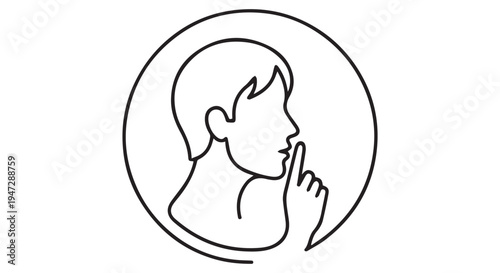 A simple line drawing of a man with his finger on his lips in a circular frame