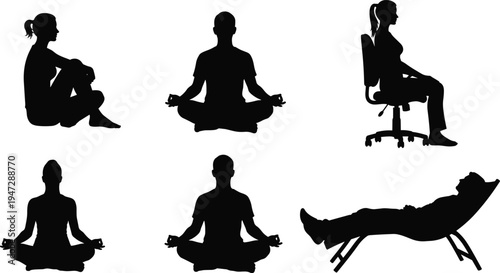 Seated person silhouette vector illustration with meditation, relaxation, office chair and lounge poses, decorative artistic design composition