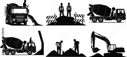 Construction silhouettes collection, cement mixer truck excavator workers, building site artwork, black white design, industrial labor illustration set