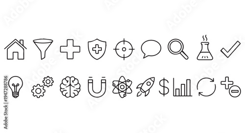 A collection of various business and science icons in black and white on a clean background