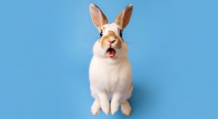 A white rabbit with long ears and an open mouth on a blue background