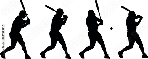 Black silhouette baseball player swinging bat sequence, hitting motion figures, athletic sport artwork, competitive game illustration vector design