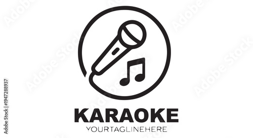 A simple black and white logo of a microphone with a music note for karaoke