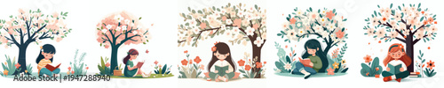 vector of a little girl sitting leaning against a tree reading a book in spring