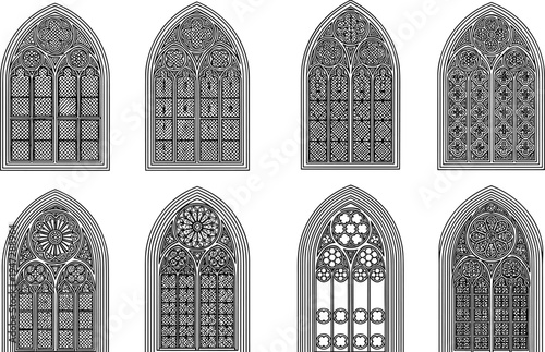 Gothic stained glass window designs, cathedral tracery artwork, rose window illustration, medieval architecture figure set, black white decorative pattern collection