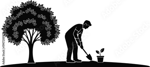 Silhouette of person gardening with shovel near potted plant under large tree, outdoor nature scene, growth, environmental care illustration