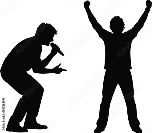 Silhouettes of performers in expressive poses, microphone singing and triumphant gesture, dynamic illustration representing celebration and public performance