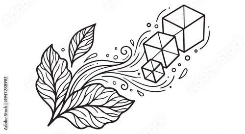 A black and white illustration of leaves and geometric shapes in a whimsical design