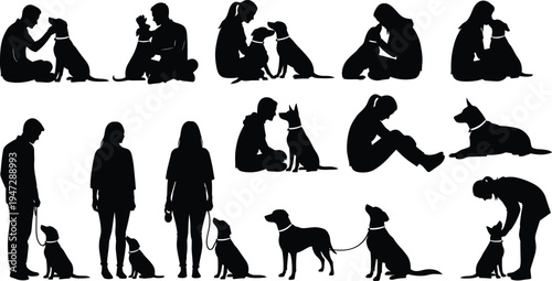 Human dog interaction silhouettes, pet companionship artwork, training bonding illustration, affectionate poses, black white design, animal friendship figure set