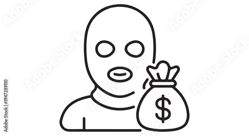A cartoon character wearing a ski mask and holding a money bag with a dollar sign