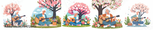 vector of a enjoy grandma sitting on tree playing guitar in spring