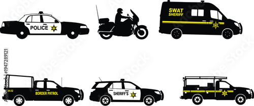 Law enforcement vehicles set, police car motorcycle SWAT van, border patrol truck sheriff SUV, black white yellow design illustration