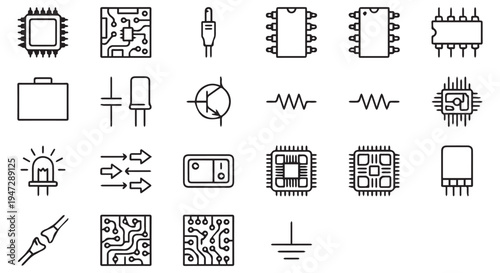 A collection of various electronic components and circuit board symbols in black and white