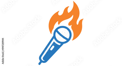 A blue microphone with orange flames rising from it on a Transparent Background