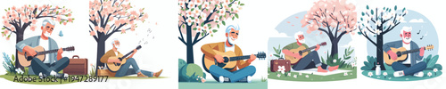 vector of a enjoy grandpa sitting on tree playing guitar in spring