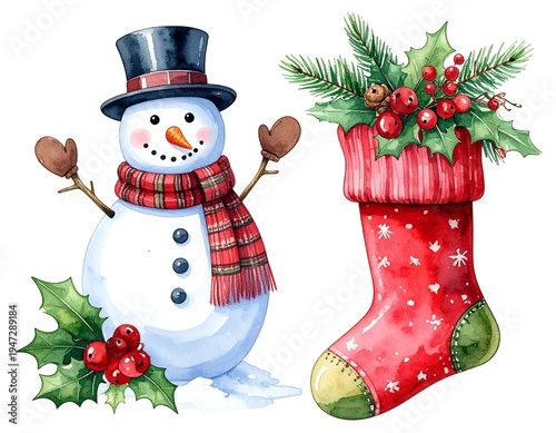 Watercolor illustration featuring a snowman with a hat, scarf, and mittens, alongside a Christmas stocking filled with festive foliage