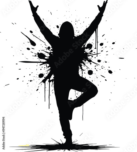 Silhouette of person in tree yoga pose, vector artwork symbolizing balance, mindfulness, inner peace and artistic inspiration