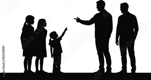 Children and adults silhouette illustration, pointing gesture communication, generational interaction, family dynamics, growth stages, vector art design, life concept