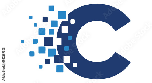 A large blue letter C with small squares flying off it on a Transparent Background