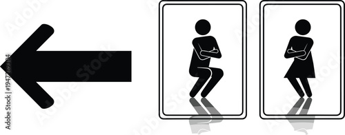 Restroom sign silhouette illustration, male female urgency artwork, directional arrow vector design concept