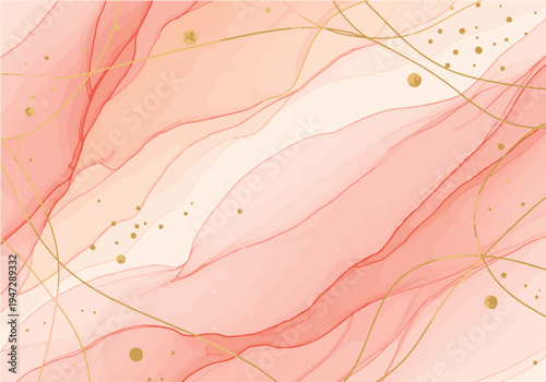 Abstract peach and gold marble pattern with wavy lines and dots design element