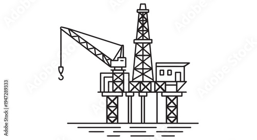 An offshore oil rig platform with a crane in a simple line drawing style