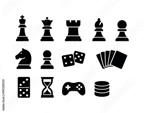 Collection of game icons including chess pieces, dice, cards, and controller. A variety of black icons representing different games and pastimes are displayed against a white