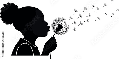 Silhouette child blowing dandelion seeds, curly hair figure, nature moment, whimsical illustration, peaceful design, dreamy vector art background