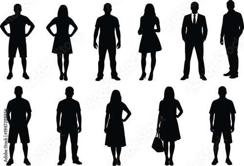 Black silhouettes of diverse people in casual and formal clothing, standing poses, fashion styles, anonymous figures for design use