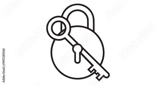 A simple black and white illustration of a key and a padlock on a plain background