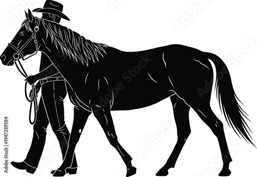 Silhouette of person leading horse with reins, rural equestrian scene, companionship, countryside walking, animal care, traditional lifestyle illustration