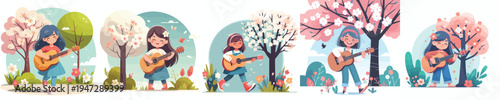 vector of a happy little girl standing playing guitar in spring