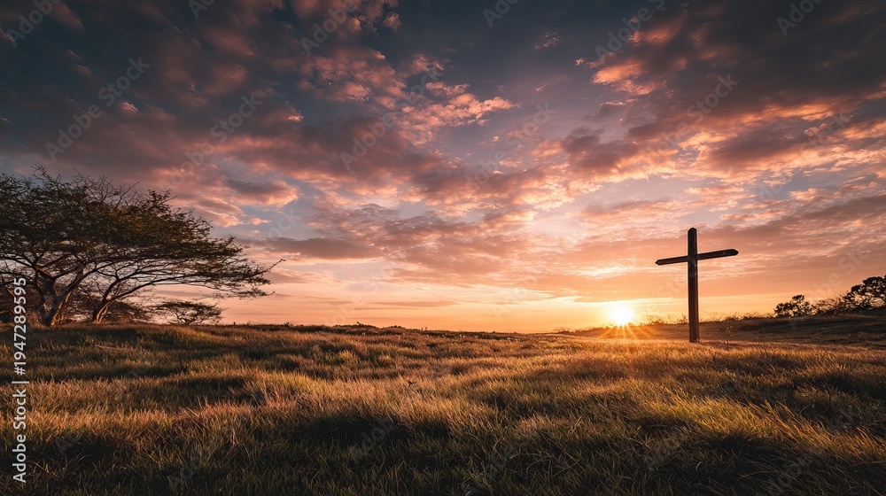 Obraz premium A serene landscape of a cross standing in a field at sunset with a tree in the distance under a vibrant sky.
