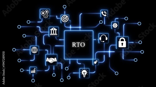 Modern Digital Network Concept with R T O Central Node and Various Connected by Blue Glowing Lines RTO central node