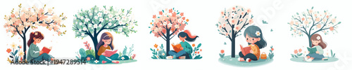 vector of a little girl sitting leaning against a tree reading a book in spring