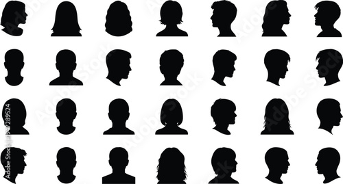 Human head silhouettes illustration, diverse profiles collection, hairstyle variations, identity recognition concept, vector art design, psychological perception study