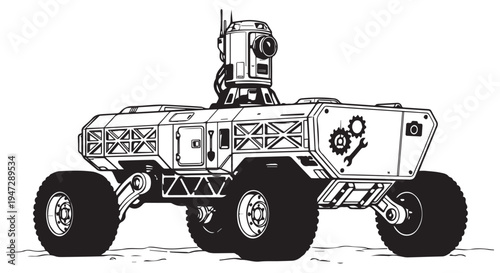 A futuristic robotic vehicle with a large camera on top for surveillance and exploration purposes