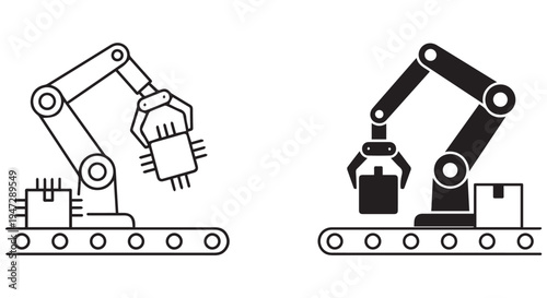 Two robotic arms with different designs and colors on a production line or factory floor