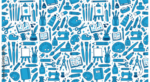 A creative pattern of blue art supplies on a Transparent Background for designers and artists