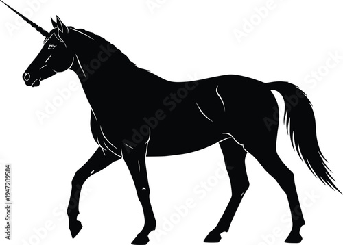 Vector illustration of silhouetted unicorn in walking stance symbolizing fantasy, mythology, magic, identity, diversity, culture, tradition, inclusivity, heritage, and education