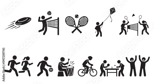 A collection of black silhouettes depicting various sports and leisure activities in progress.
