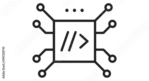 A stylized illustration of a computer chip with code symbols on a Transparent Background