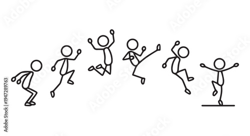 A stick figure jumping in various poses on a Transparent Background with black lines