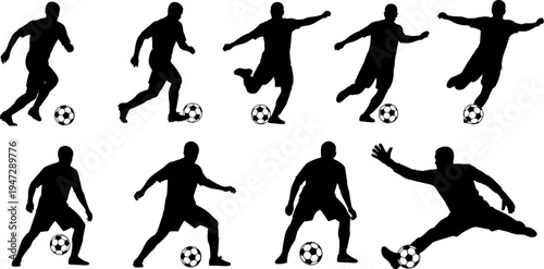  Silhouettes of soccer players in dynamic action poses, vector illustration showcasing dribbling, kicking, running, striking and competitive sports artwork
