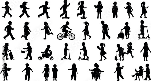 Children silhouette vector illustration with playful activities, walking, running, cycling, scooters, tricycle, stroller, outdoor fun, childhood lifestyle scene