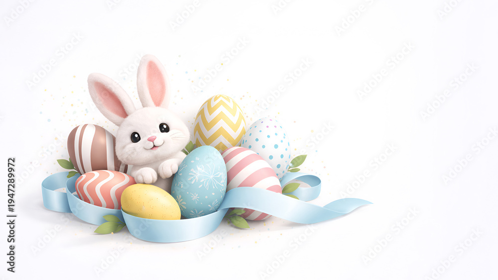 Fototapeta premium Adorable Easter bunny character with a decorated blue egg, surrounded by pastel eggs and a soft ribbon on white, plenty of negative space for text or design.